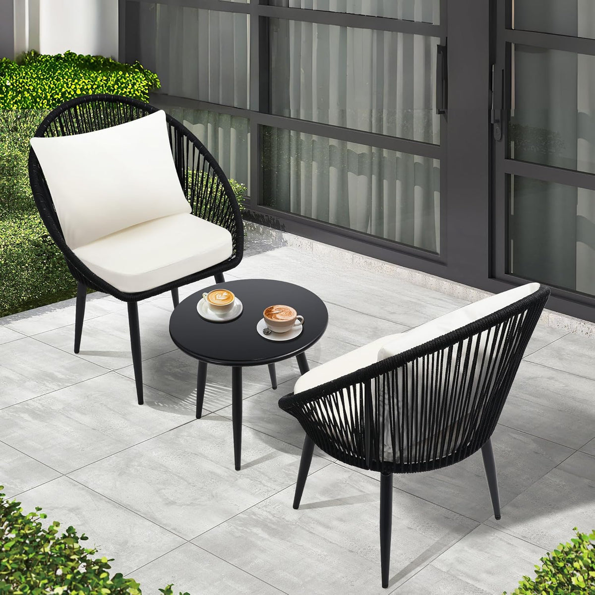 3 Piece Bistro Set, Woven Rope Chair with Cushions, All Weather Patio Conversation Set with Side Table, Ideal for Deck, Balcony, Poolside, Black