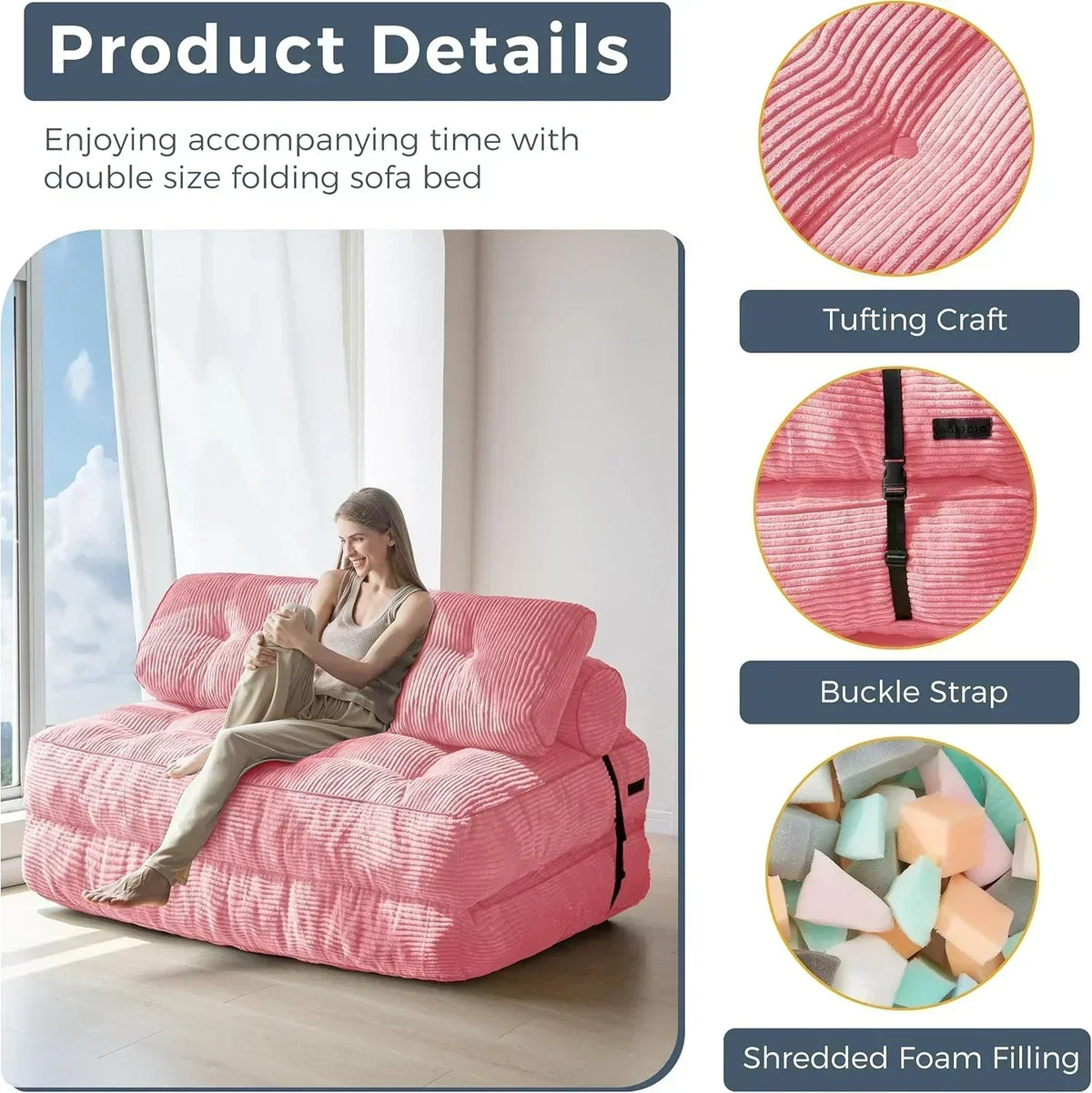 MAXYOYO Folding Sofa Bed Convertible Sleeper Chair with Pillow Foldable Mattress with Back Support