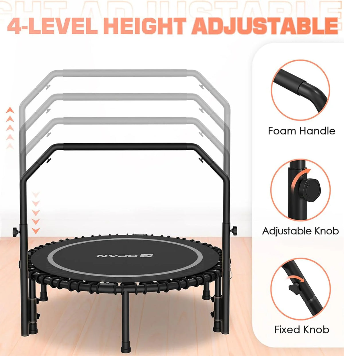 BCAN 450/550 LBS Foldable Mini Trampoline, 40/48 Fitness Trampoline with Bungees, U Shape Adjustable Foam Handle, Stable & Quiet Exercise Rebounder for Adults Indoor/Outdoor Workout