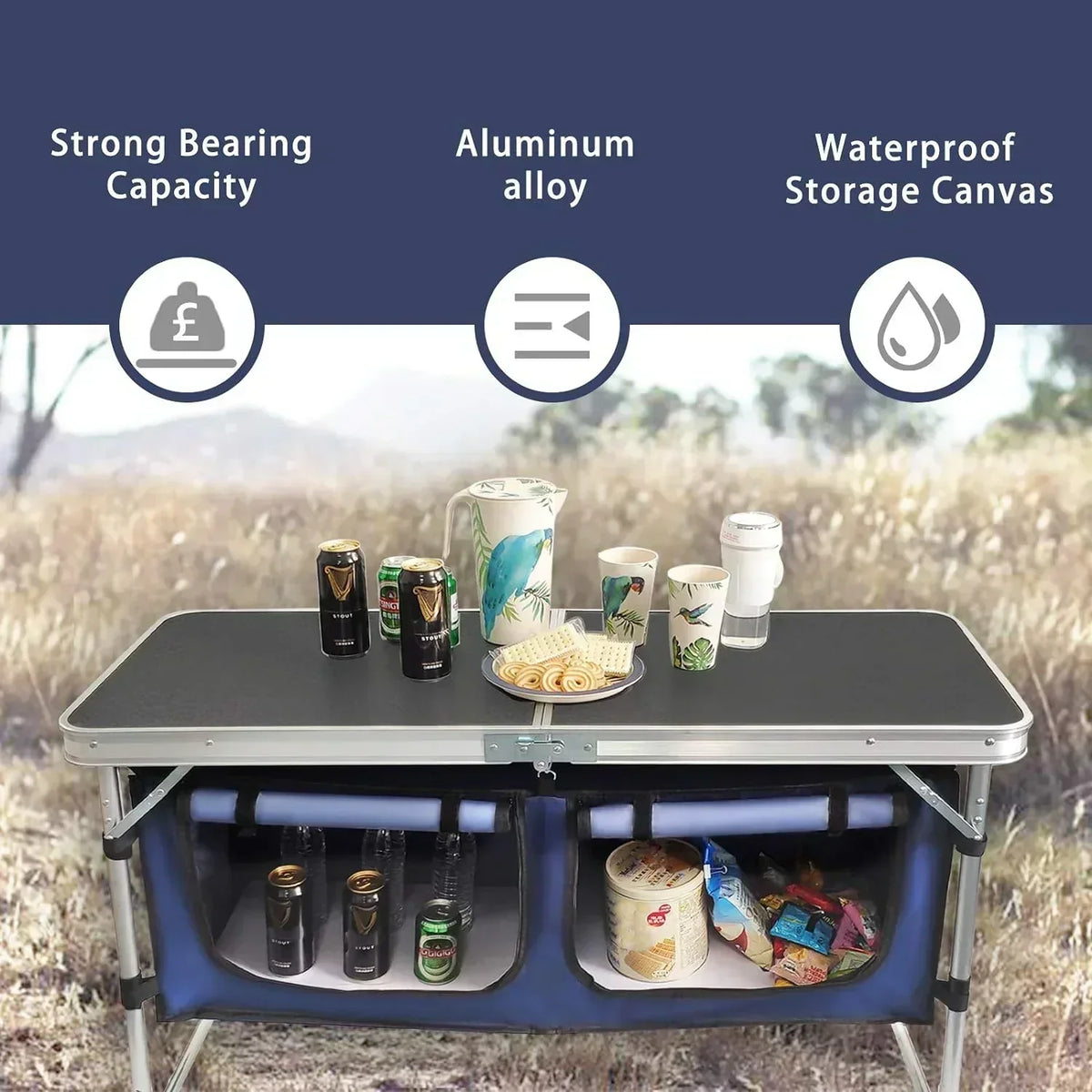 Outdoor Folding Table Aluminum Lightweight Height Adjustable with Storage Organizer
