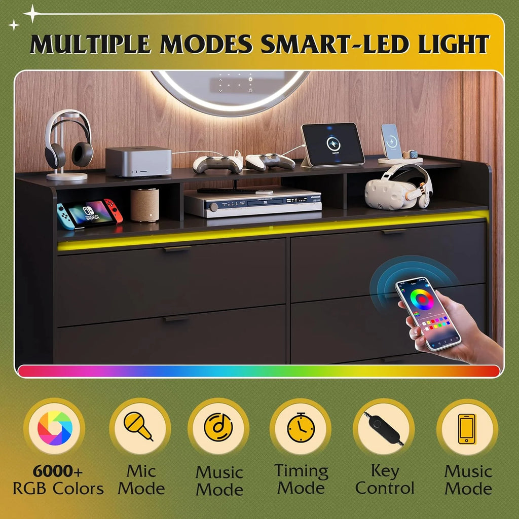 9 Drawer Led Dresser for Bedroom, 58.35'' Wide Wood Dresser Storage Organizer with Power Outlets for 65'' TV, Dressers with Open Shelves