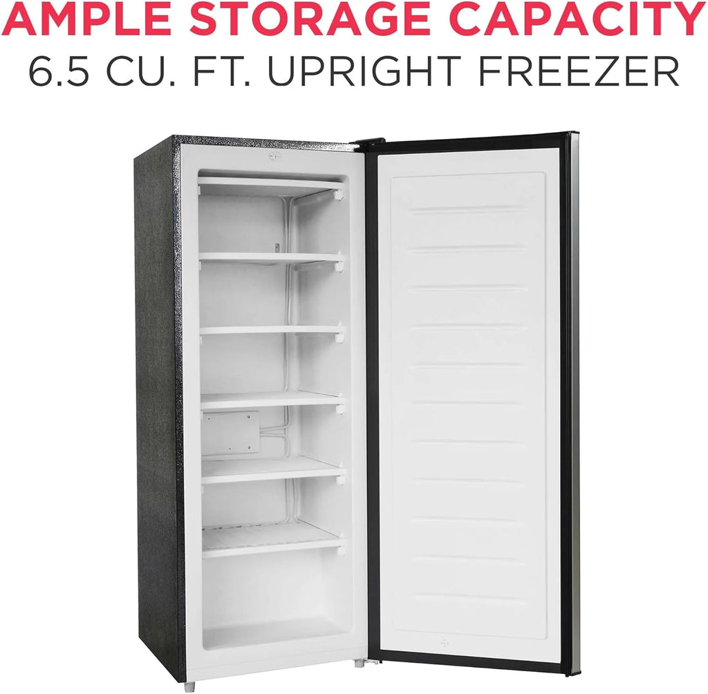 Frigidaire Upright Freezer, 6.5 cu. ft., Deep Freeze, Vinyl Coated Metal with Wire Shelving, Compact for Kitchen, RV, Dorm, Cabin, and Trailer, Platinum Design Series, Silver - 21D x 23W x 56H