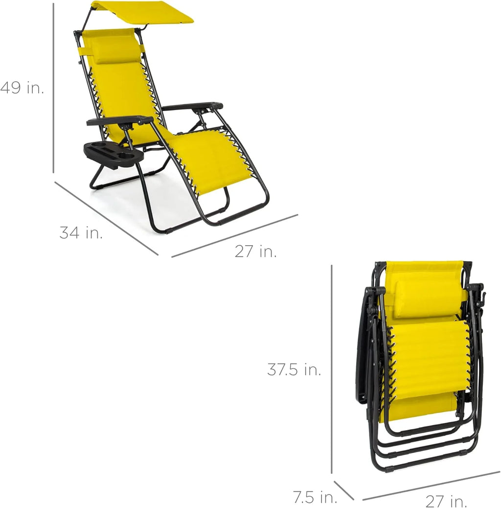 Best Choice Products Folding Zero Gravity Outdoor Recliner Patio Lounge Chair w/Adjustable Canopy Shade, Headrest, Side Accessory Tray, Textilene Mesh - Peacock Blue