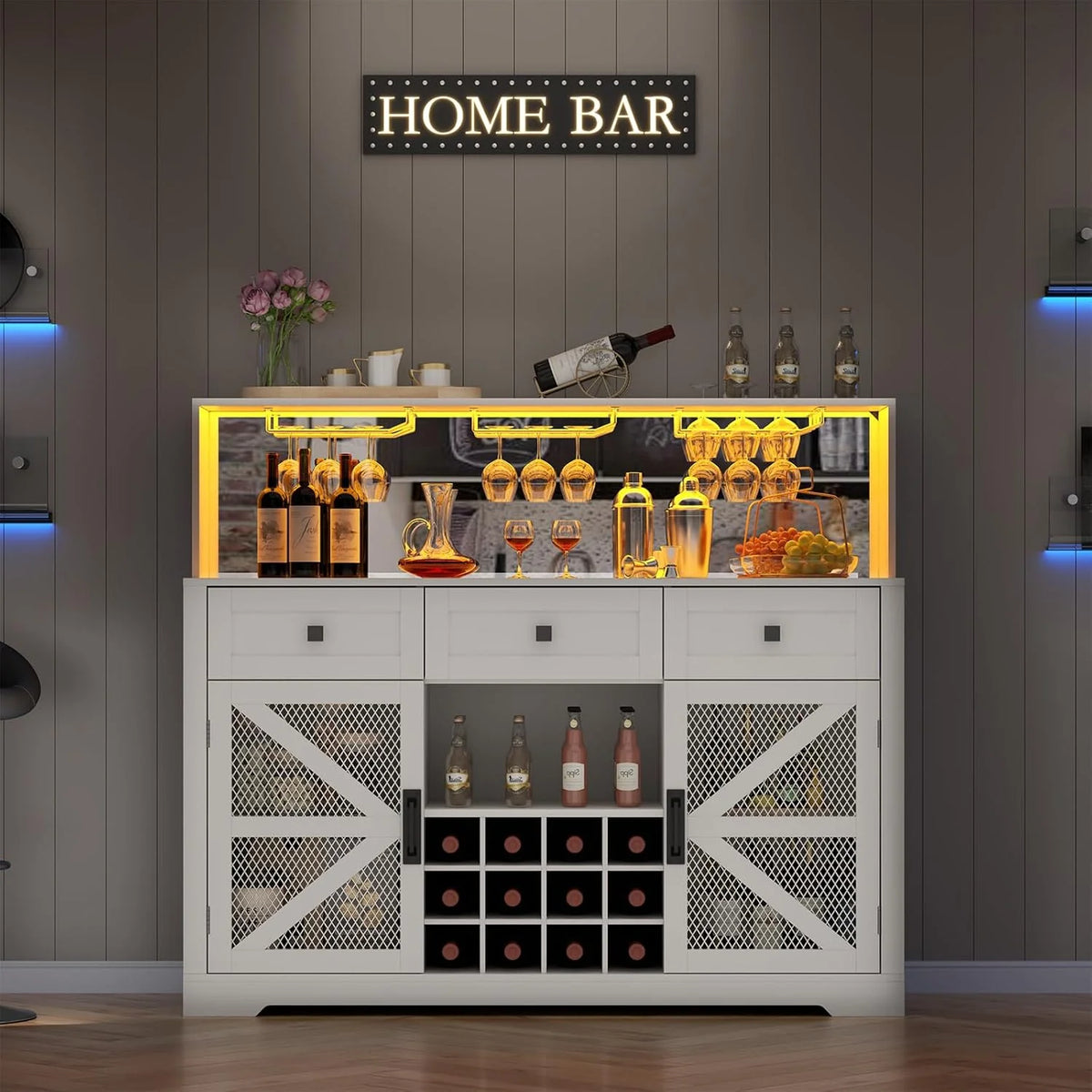 Wine Bar Cabinet with LED Light, Liquor Cabinet with Glass Holder, Coffee Bar for Liquor, Storage Buffet with Wine Racks, Wine Cabinet