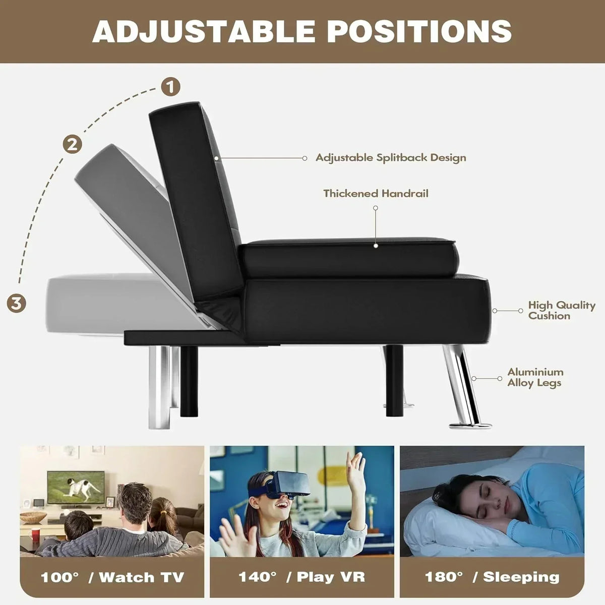 Homall Futon Sofa Bed Leather Futon Couch with Armrests Adjustable Recliner Sleeper Sofa Bed