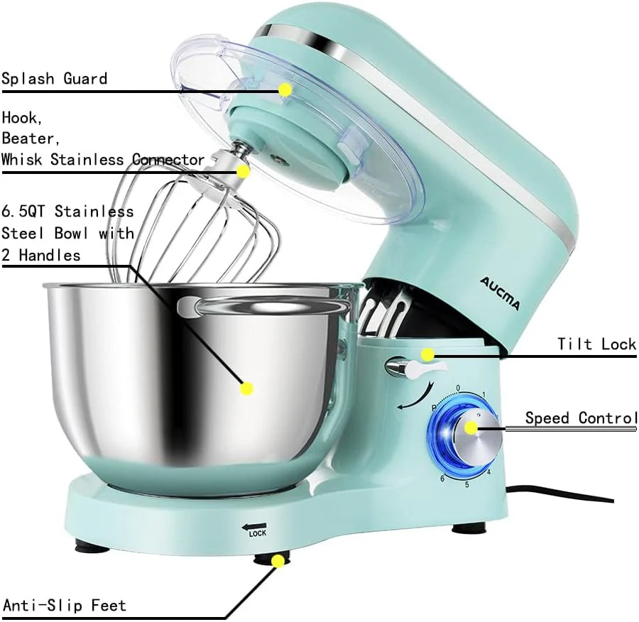 Aucma Stand Mixer,6.5-QT 660W 6-Speed Tilt-Head Food Mixer, Kitchen Electric Mixer with Dough Hook