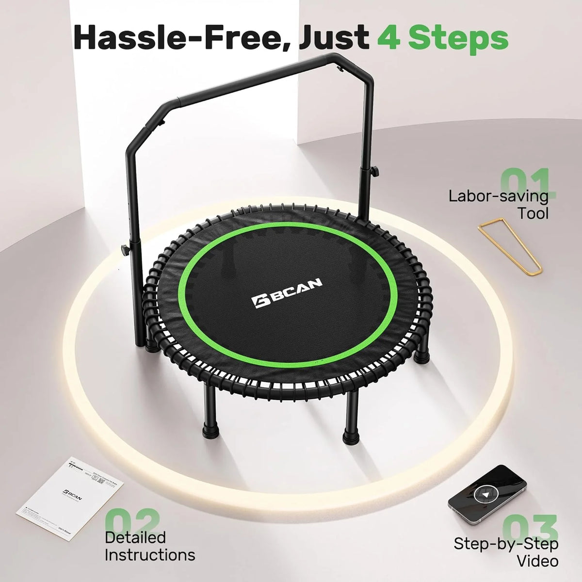 BCAN 450/550 LBS Foldable Mini Trampoline, 40/48 Fitness Trampoline with Bungees, U Shape Adjustable Foam Handle, Stable & Quiet Exercise Rebounder for Adults Indoor/Outdoor Workout