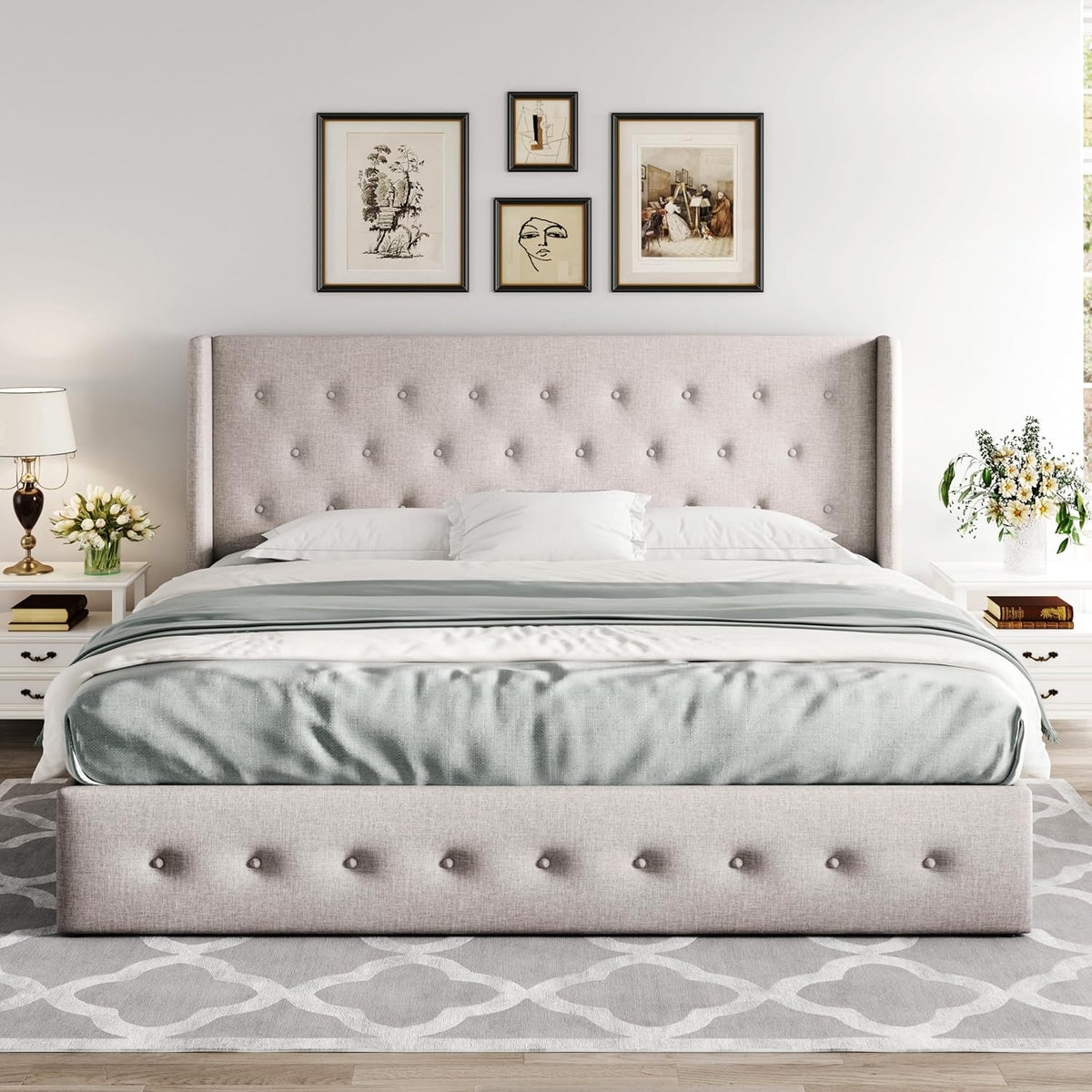 Allewie Queen Size Lift Up Storage Bed Modern Wingback Headboard Hydraulic Support