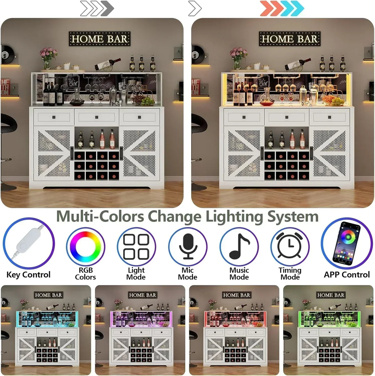 Wine Bar Cabinet with LED Light Liquor Cabinet with Glass Holder Coffee Bar for Liquor
