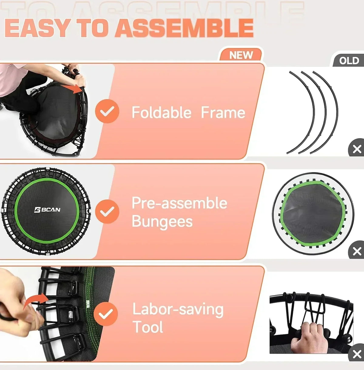 BCAN 450/550 LBS Foldable Mini Trampoline Fitness Trampoline Bungees Adjustable Foam Handle