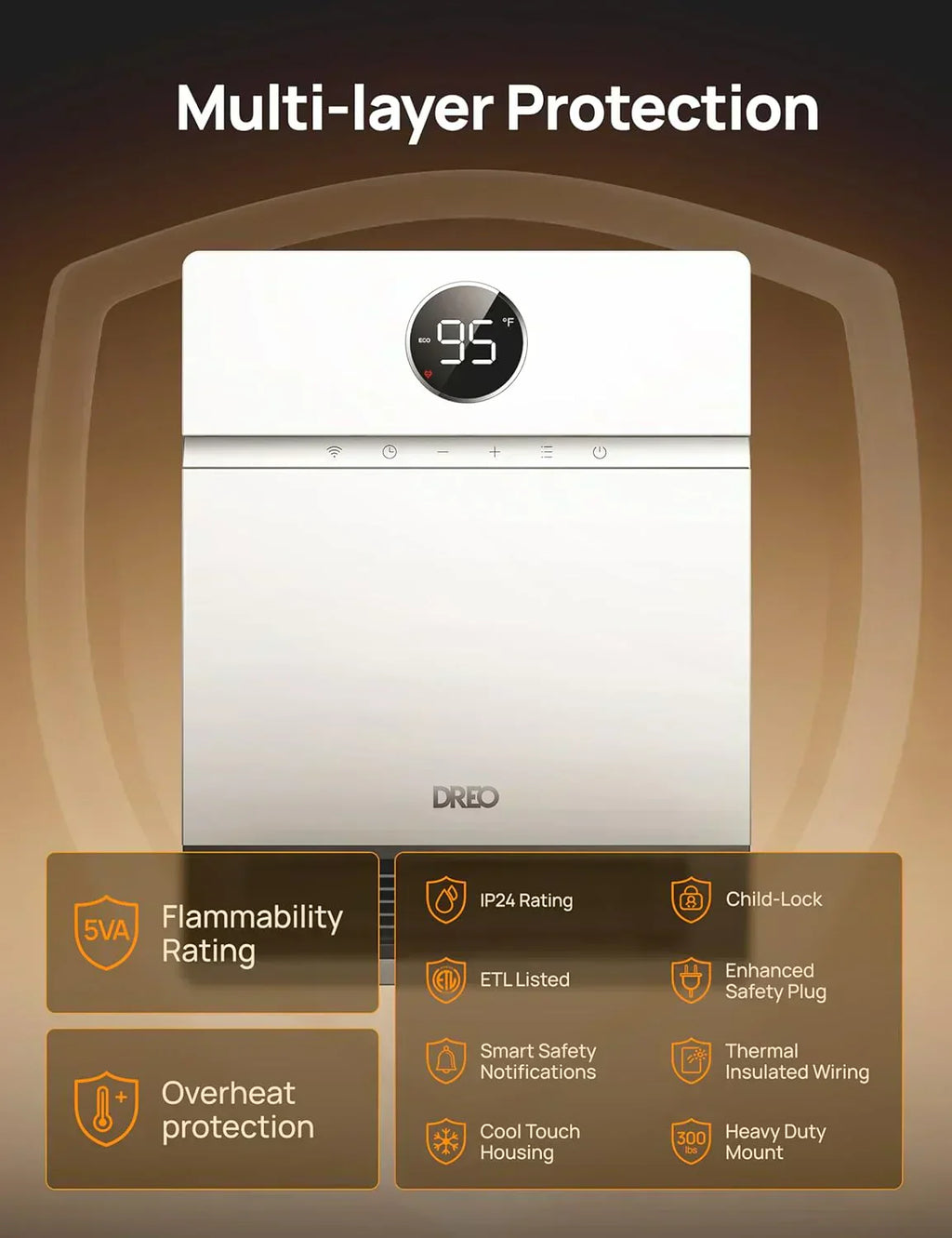 Smart wall-mounted heater for indoor use with adjustable thermostat and remote control