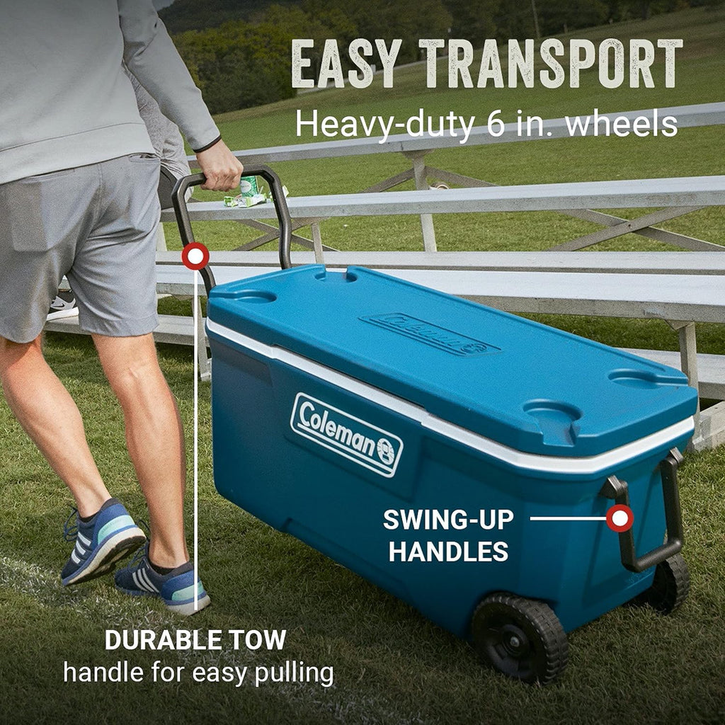 Coleman Insulated Portable Rolling Cooler with Wheels, Leak-Proof Outdoor Hard Cooler, Keeps Ice for Up to 5 Days, 100 Quart