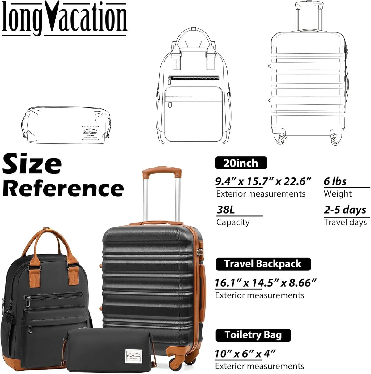 LONG VACATION 6 Piece Luggage Set Carry on Suitcase with ABS+PC hardshell Spinner Wheels