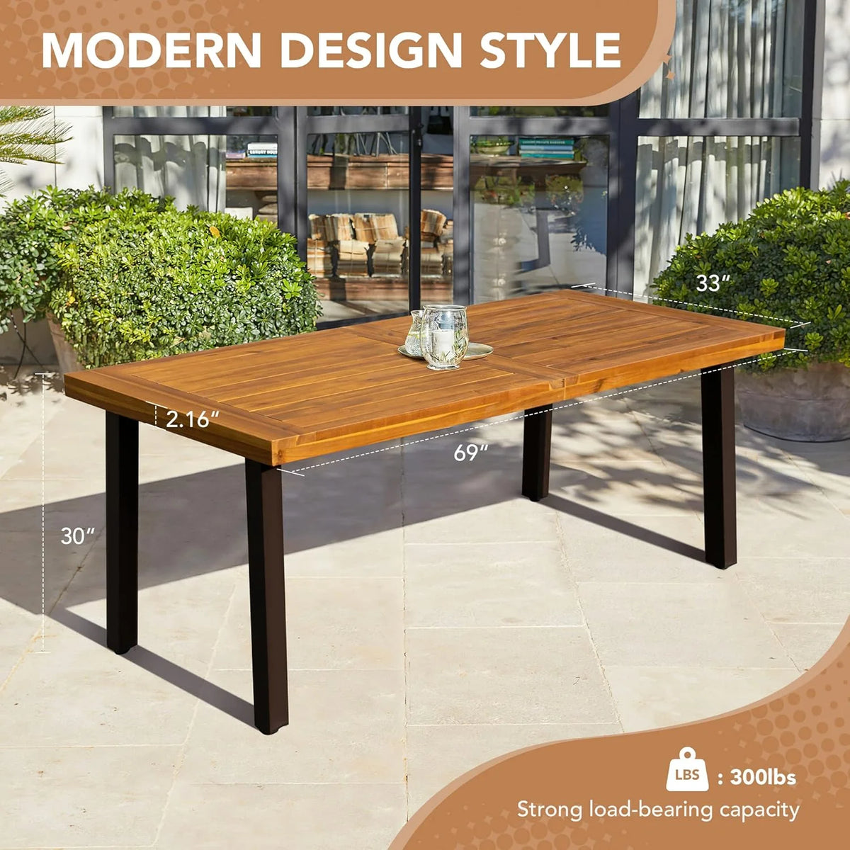 Devoko Home Acacia Wood Dining Table 6-Person Indoor Outdoor Table with Iron Legs, Sandblast Finish, Natural Stained, Rustic Metal, 69 * 33 * 30 inch (Natural)
