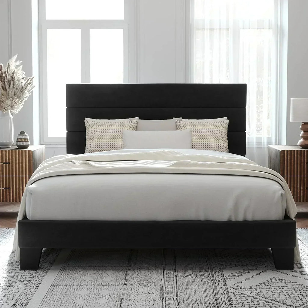 Allewie Queen Size Platform Bed Frame with Fabric Upholstered Headboard Wooden Slats Support