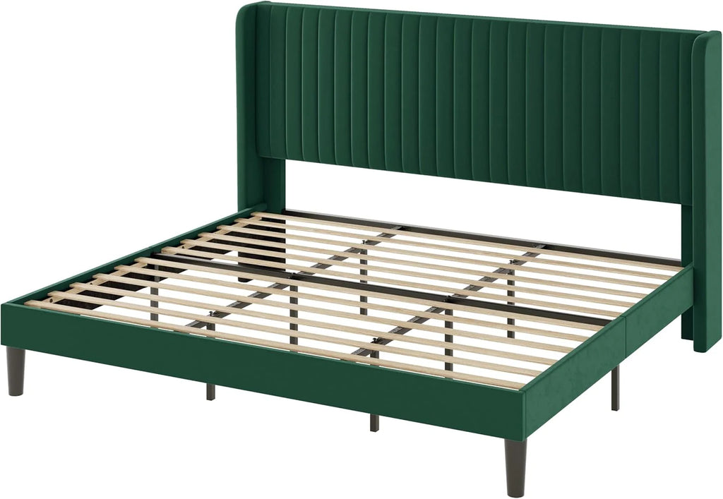 Allewie Full Size Velvet Bed Frame Vertical Channel Tufted Wingback Headboard Upholstered Bed