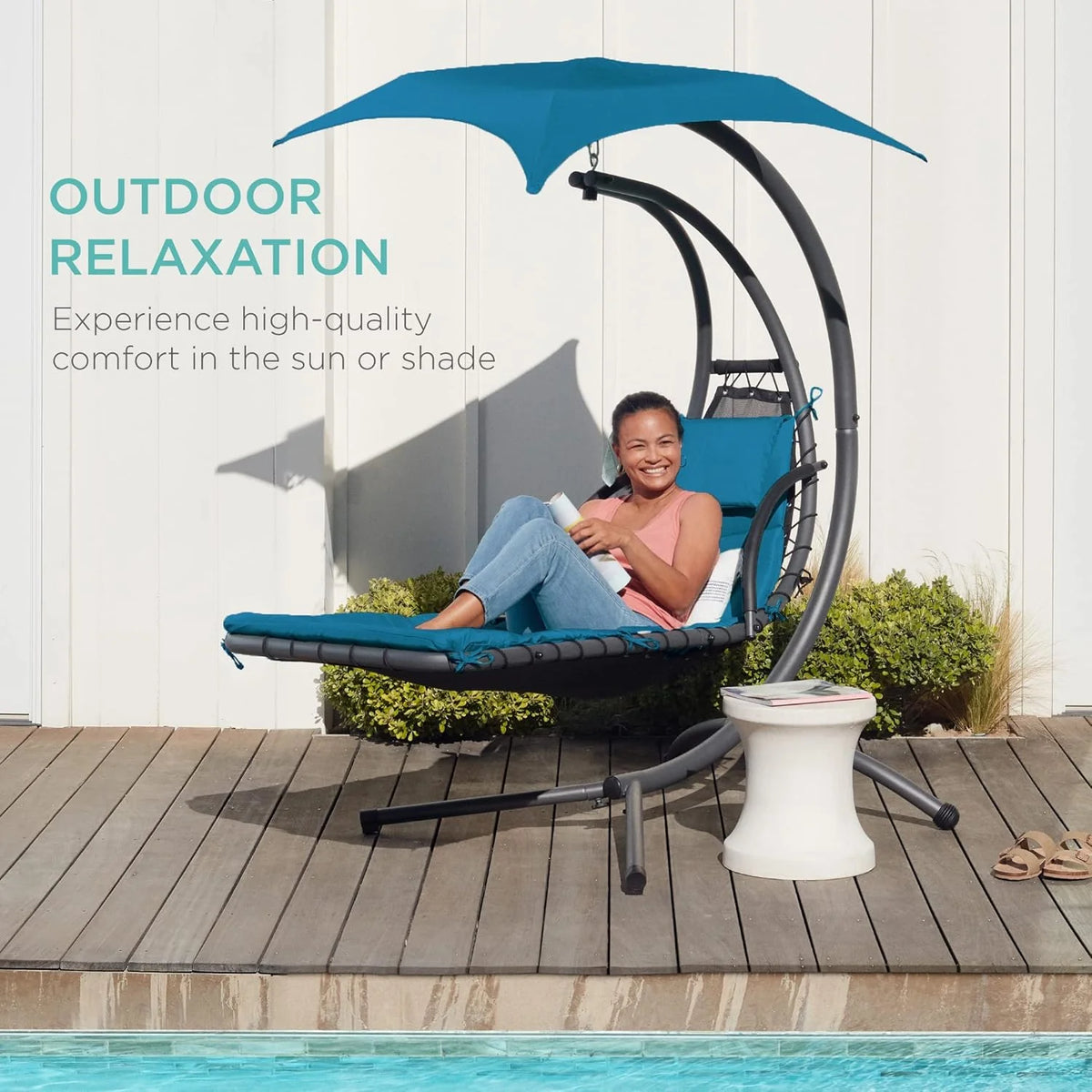 Best Choice Products Outdoor Hanging Curved Steel Chaise Lounge Chair Swing w/Built-in Pillow and Removable Canopy - Teal
