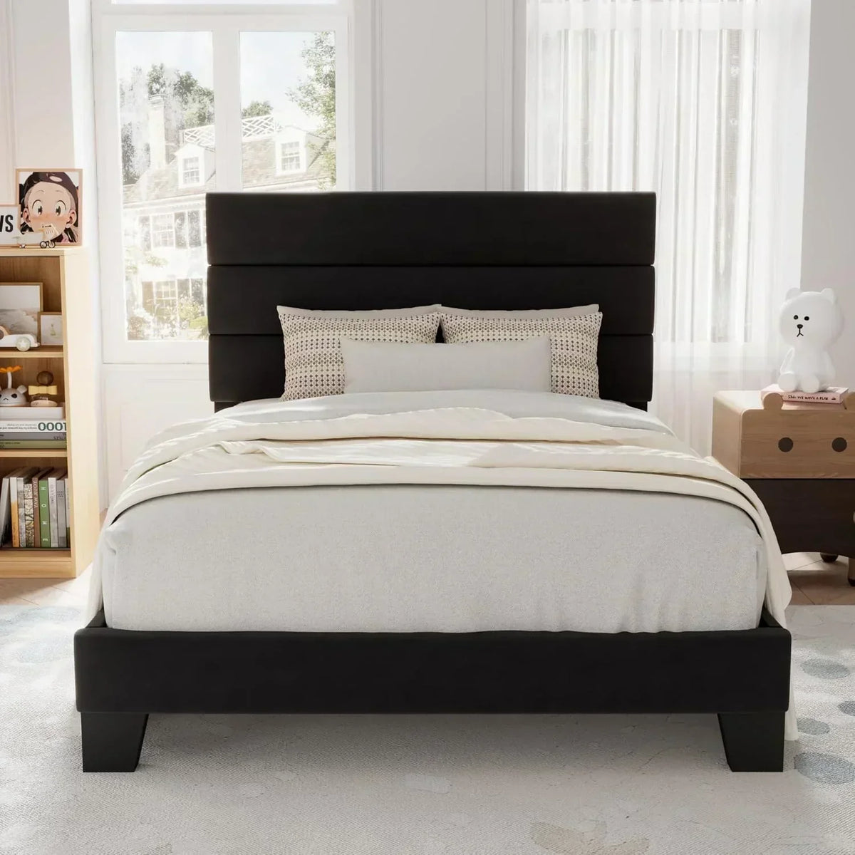 Allewie King size platform bed frame with velvet upholstered headboard and planks