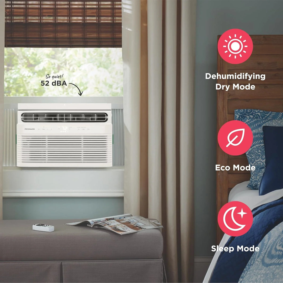Frigidaire 5,000 BTU Window Air Conditioner with Remote Control, Cools Up to 150 Sq. Ft., Quiet Operation, Eco Mode, 3 Fan Speeds, Auto Restart, White