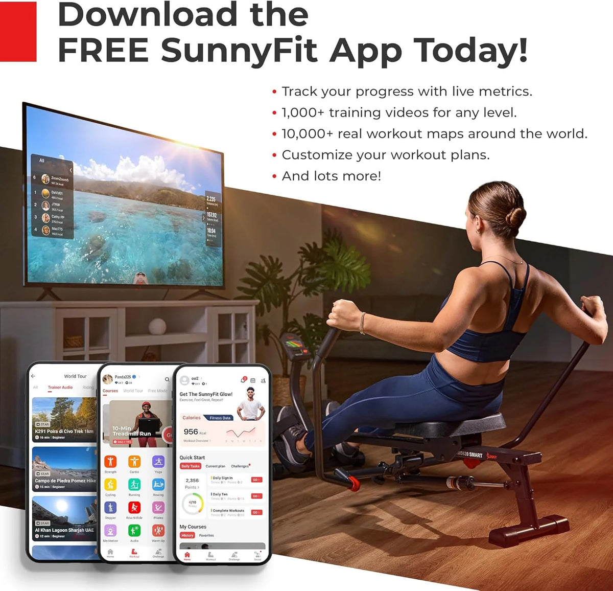 Sunny Health & Fitness Compact Adjustable Rowing Machine with 12 Levels of Resistance for Complete Body Workouts and Optional Free SunnyFit App Enhanced Connectivity