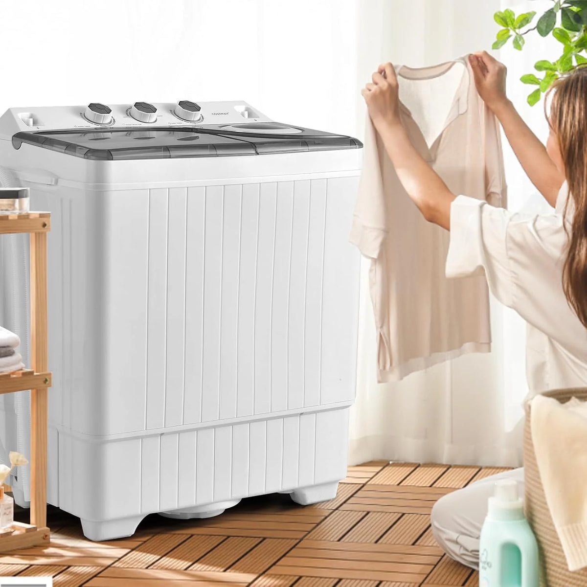 COSTWAY Double Tub 26 lb Capacity Laundry 18 lb 8 lb Spin Combo with Timer Knob Built-in Drain Pump Small Portable Washing Machine