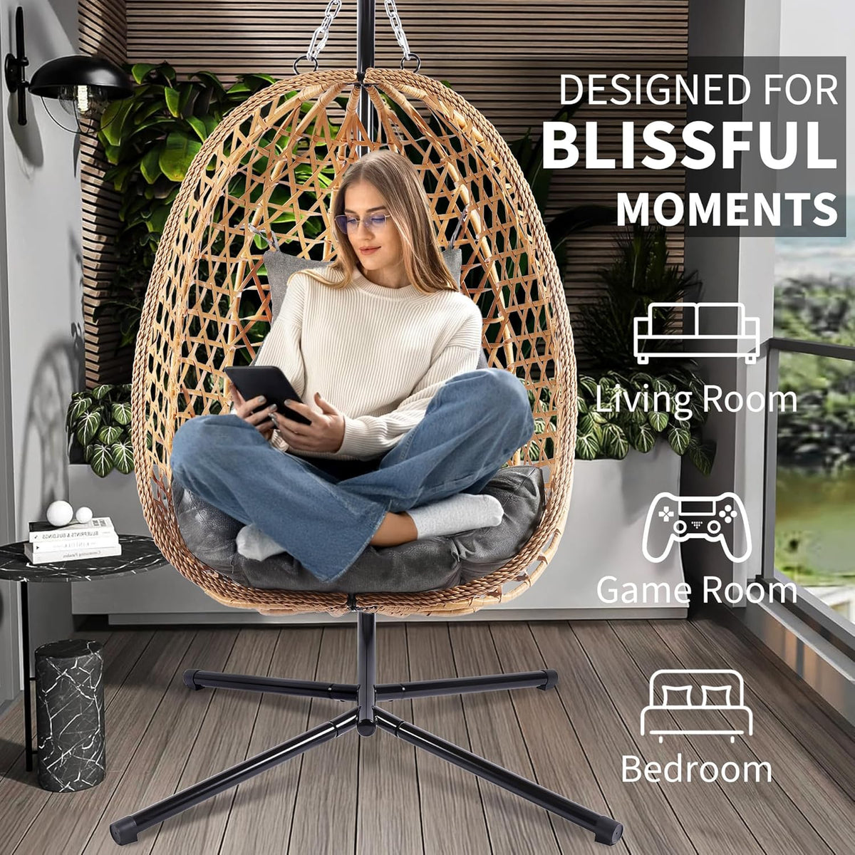 Egg Chair with Stand Patio Wicker Hanging Chair Hammock Swing Chair 350LBS Capacity