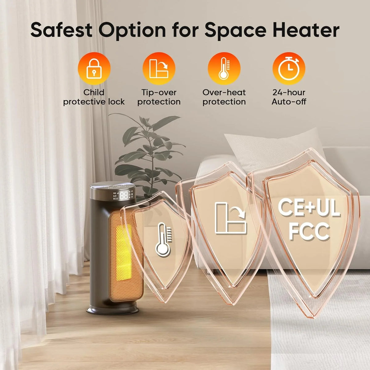1500W Indoor Space Heater, Smart PTC Electric Heater with Wifi/App and Remote Control, Overheat and Tip-Over Protection