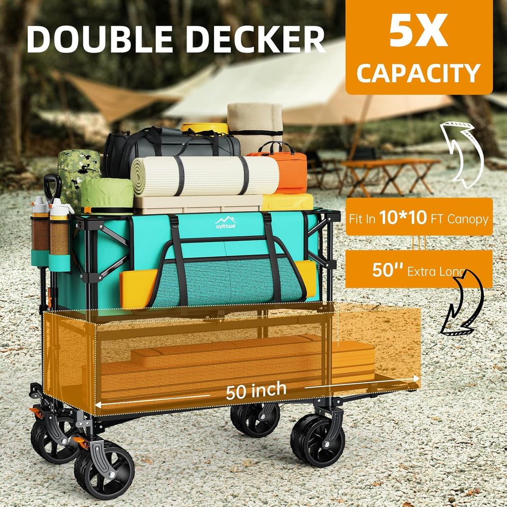 Foldable 50''L Extra Long Double Decker Wagon for Sport, 400L Collapsible Heavy Duty Wagon Cart with Big Wheels, Utility All-Terrain Large Extender Cart for Outdoors