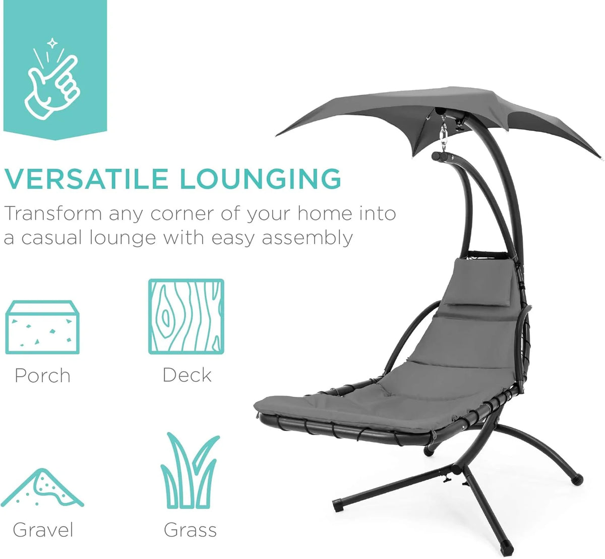 Best Choice Products Outdoor Hanging Curved Steel Chaise Lounge Chair Swing w/Built-in Pillow and Removable Canopy - Teal