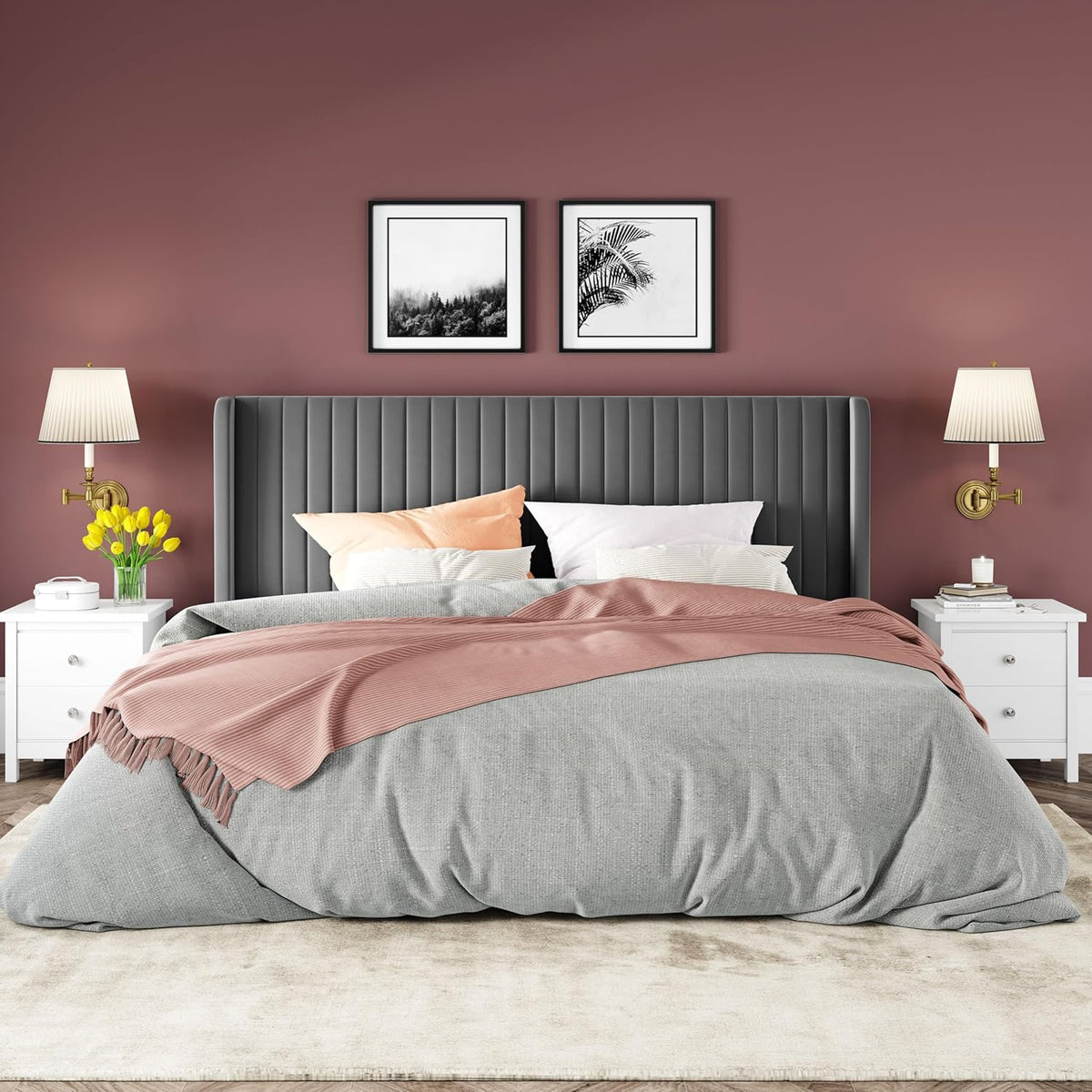 Allewie Full Size Velvet Bed Frame Vertical Channel Tufted Wingback Headboard Upholstered Bed