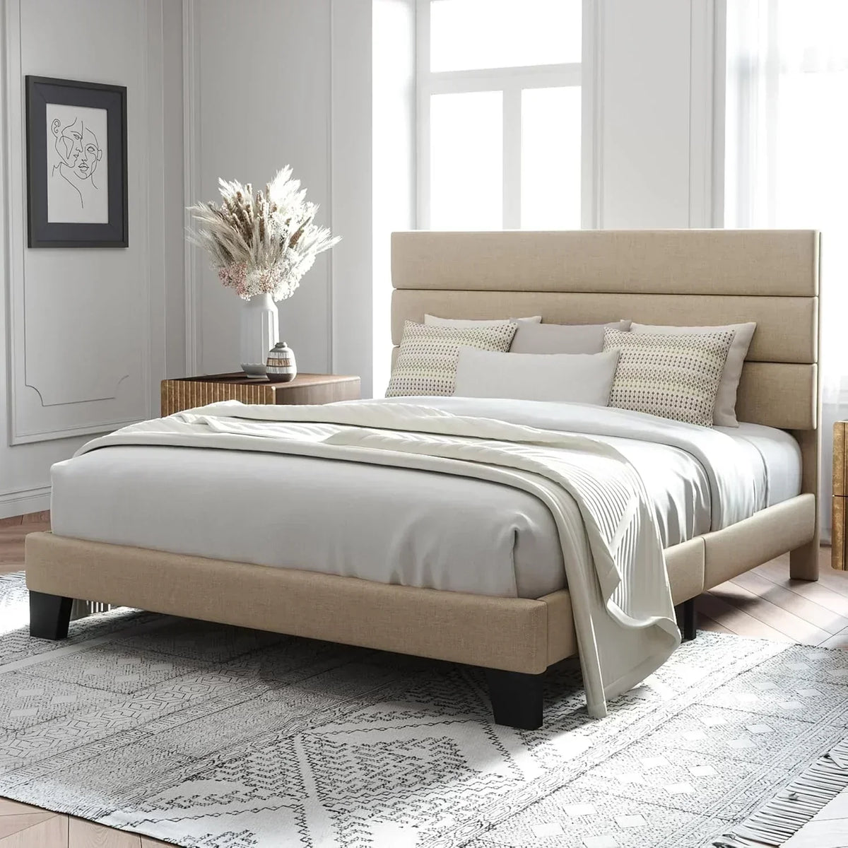 Allewie Queen Size Platform Bed Frame with Fabric Upholstered Headboard Wooden Slats Support