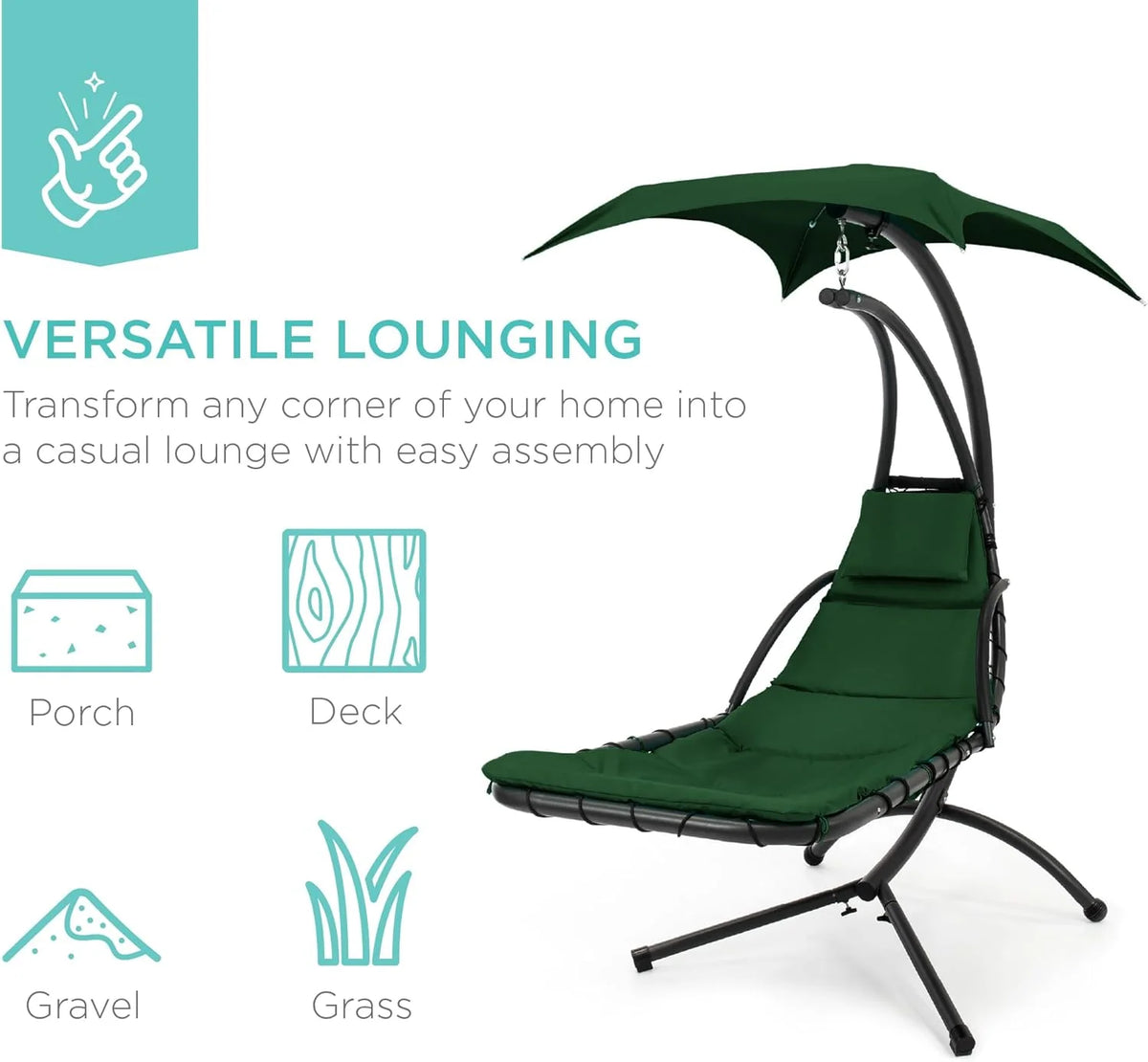 Best Choice Products Outdoor Hanging Curved Steel Chaise Lounge Chair Swing w/Built-in Pillow and Removable Canopy - Teal