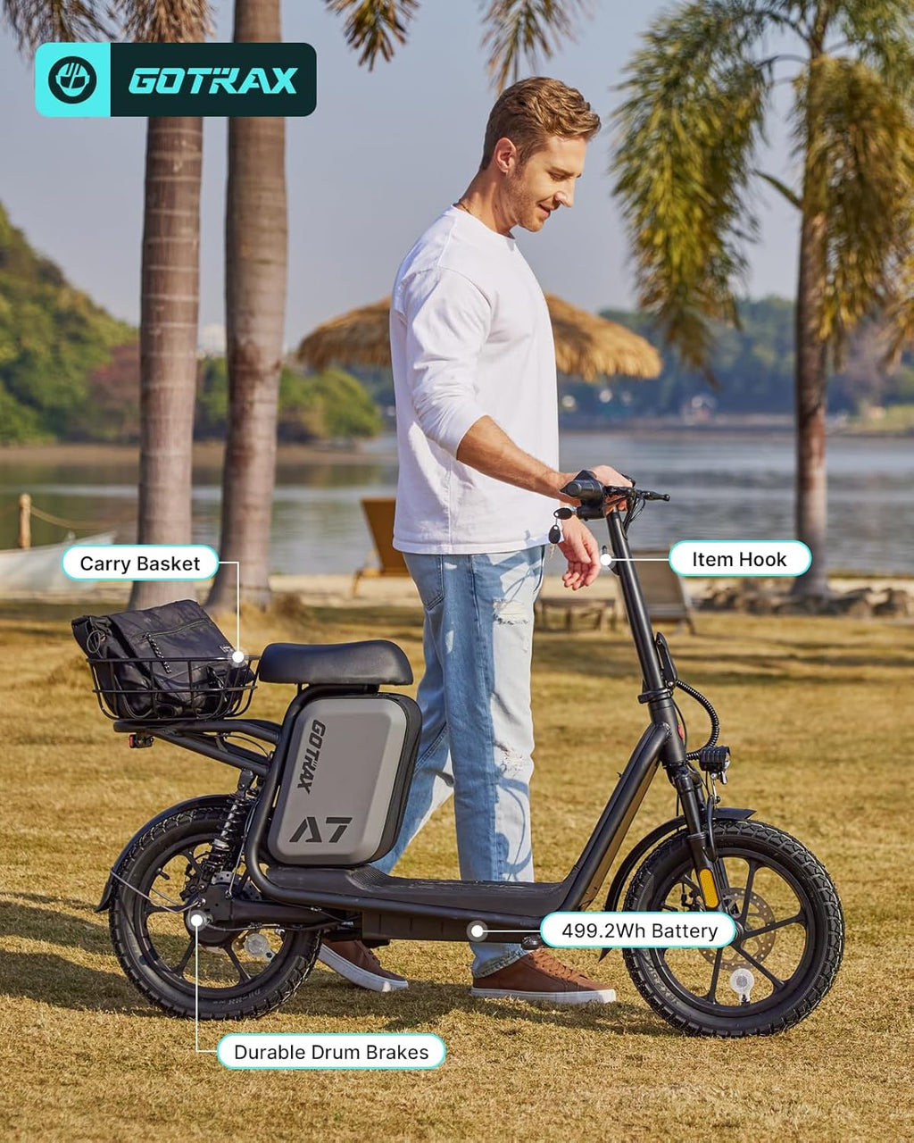 Gotrax adult electric scooter with seat, maximum range of 19-25 miles, all-terrain tires, wide pedals, padded seat, and carrycot