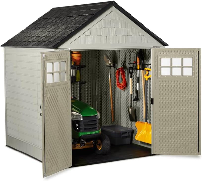 Rubbermaid Resin Outdoor Storage Shed With Floor (7 x 7 Ft) Weather Resistant Gray Organization for Home/Backyard/Garden Tools/Lawn Mower/Bike Storage/Pool Supplies