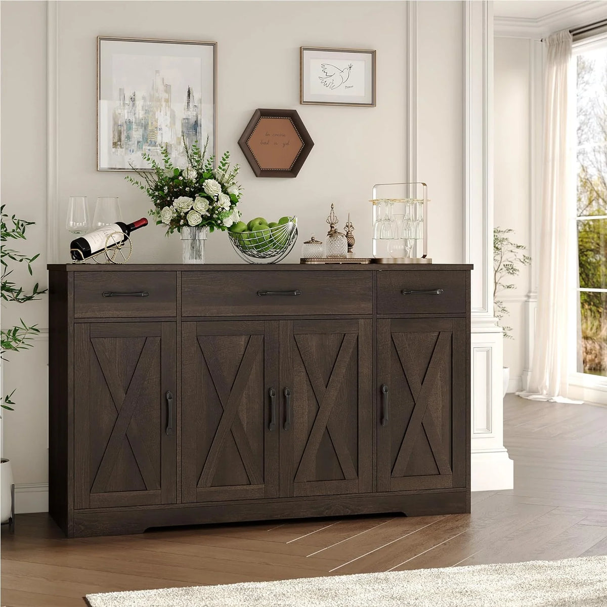 Sideboard with drawers, large 55-inch sideboard, sideboard storage with shelves and doors, modern farmhouse coffee bar wood kitchen dining table