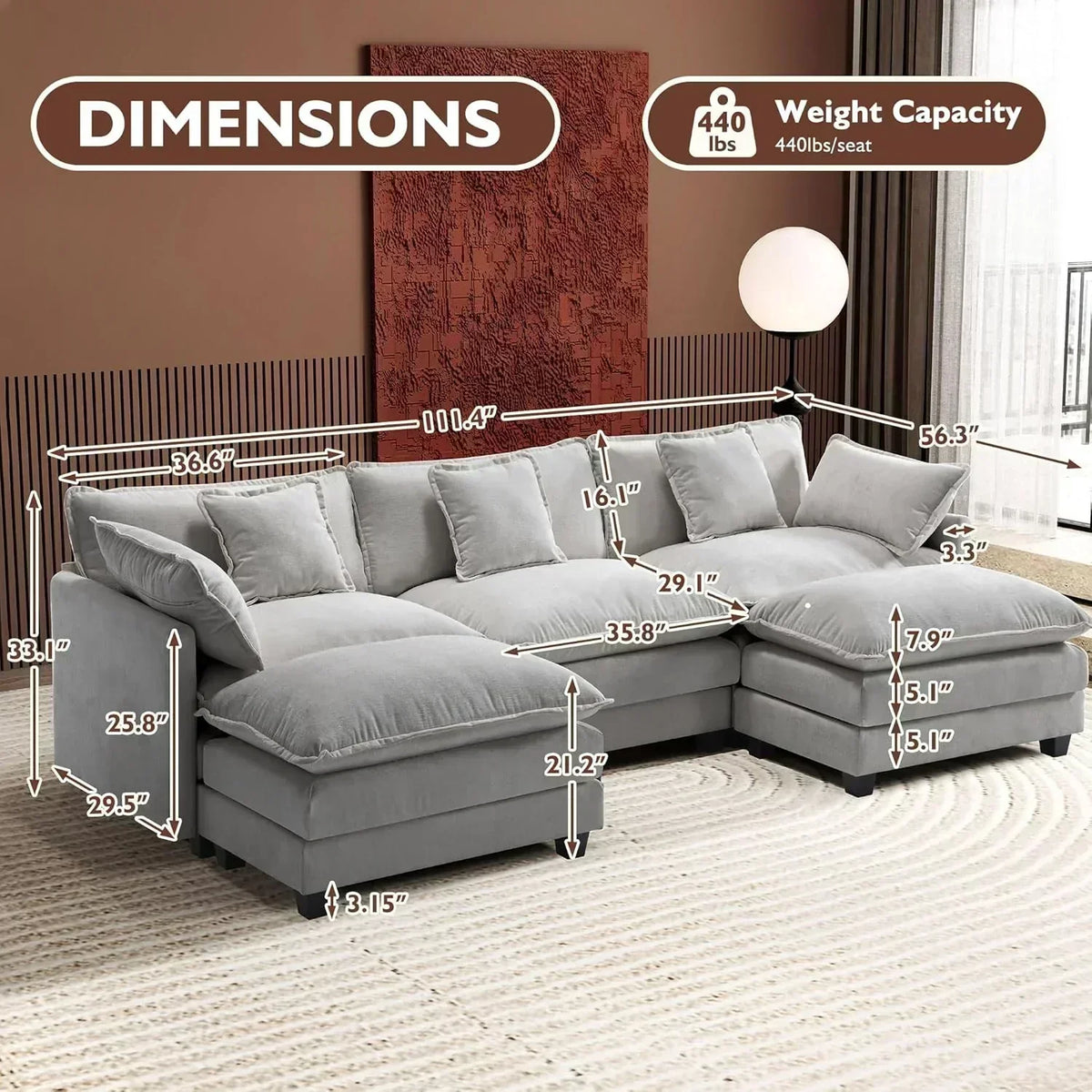 111.4 Inch L Shaped Modern Sofa Modular Cloud Sofa with Ottoman 4 Seater Chenille Deep Seat Sofa