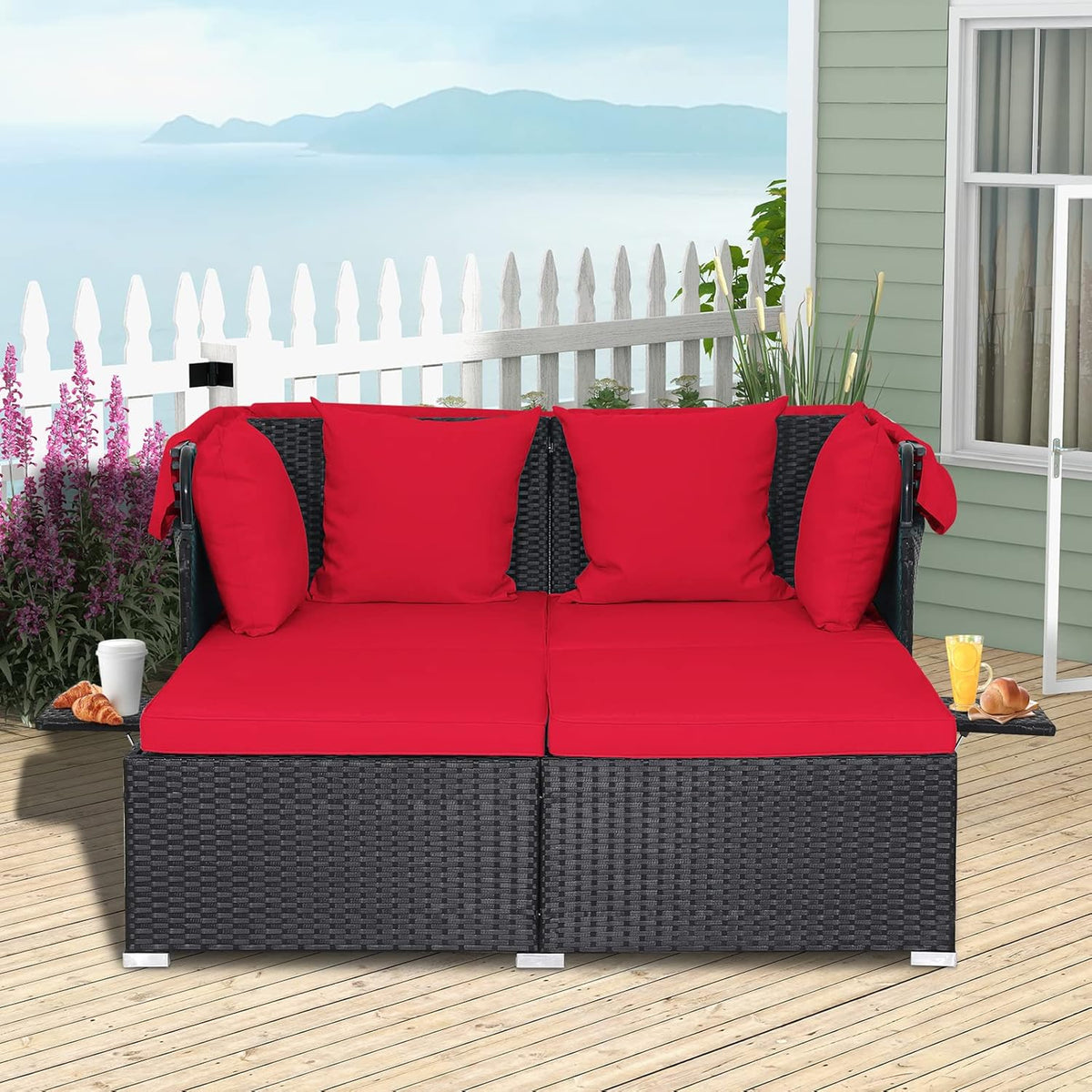 RELAX4LIFE Patio Outdoor Daybed with Canopy Wicker Sunbed Cushions 4 Pillows