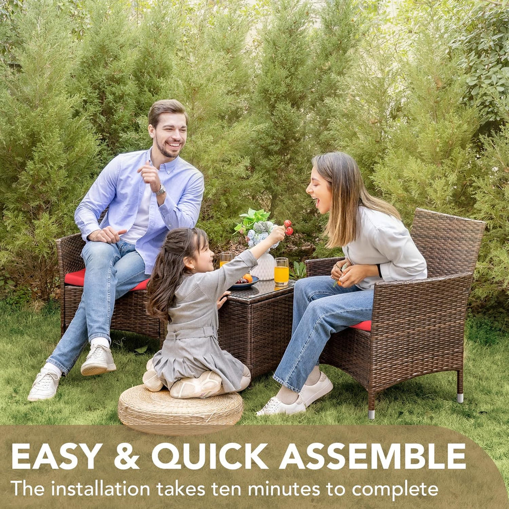 Devoko Patio Porch Furniture Sets 3 Pieces PE Rattan Wicker Chairs with Table Outdoor Garden Furniture Sets (Brown/Beige)