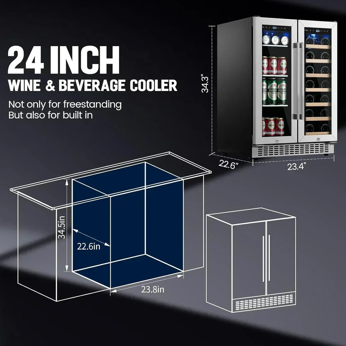 24 inch Dual Zone Beverage Refrigerator 30 Bottles 82 Cans Wine Fridge Built-in or Freestanding