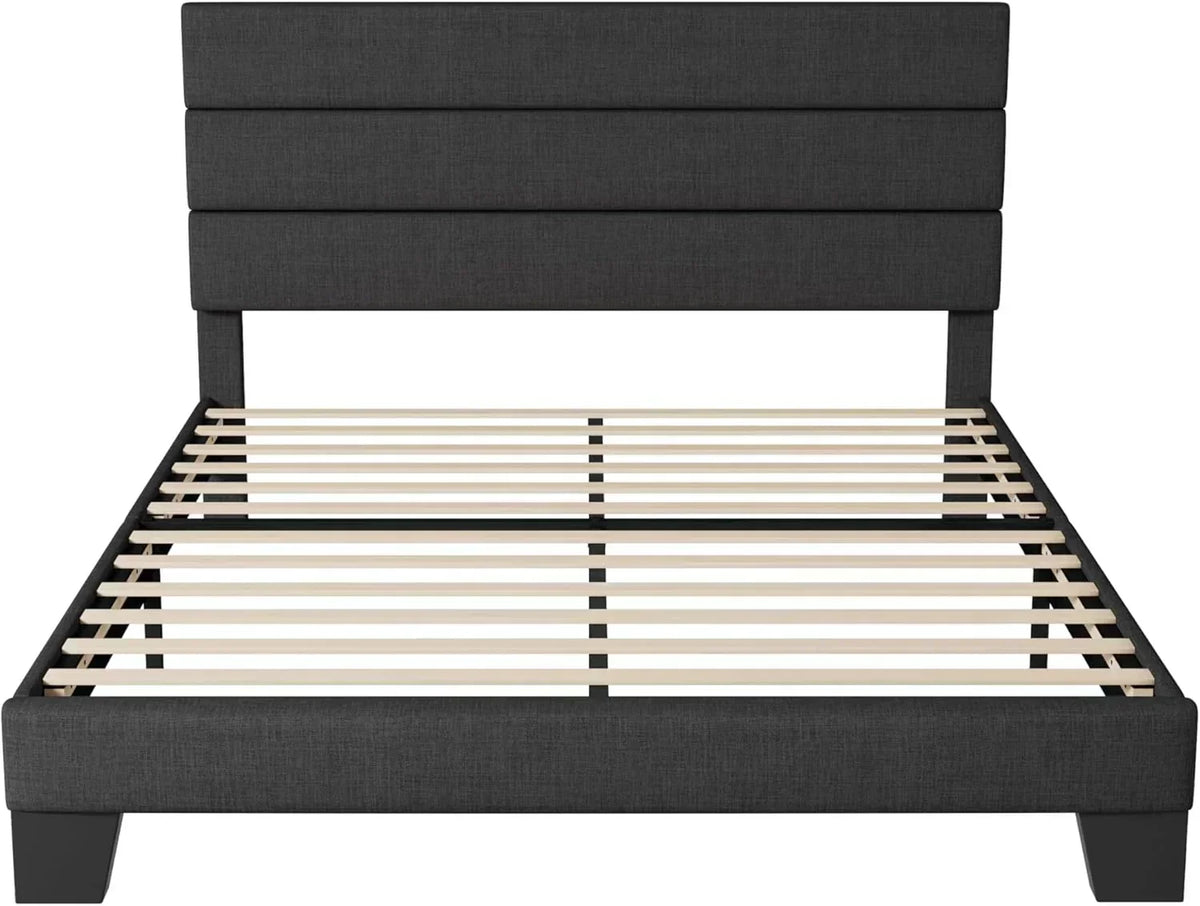 Allewie Queen Size Platform Bed Frame with Fabric Upholstered Headboard Wooden Slats Support
