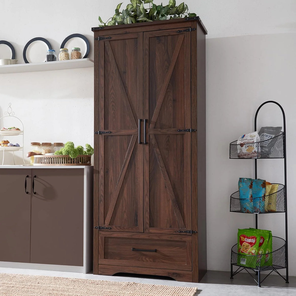 JXQTLINGMU Farmhouse Kitchen Pantry - 72 Tall Wood Kitchen Storage Cabinet with Adjustable Shelves and 2 Barn-Style Doors and Drawers