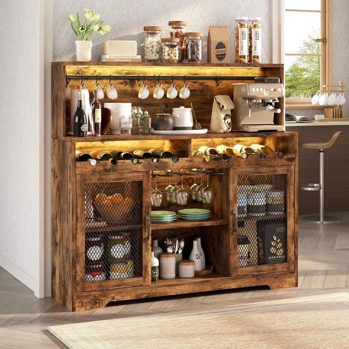Wine Bar Cabinet with LED Light, Liquor Cabinet with Glass Holder, Coffee Bar for Liquor, Storage Buffet with Wine Racks, Wine Cabinet
