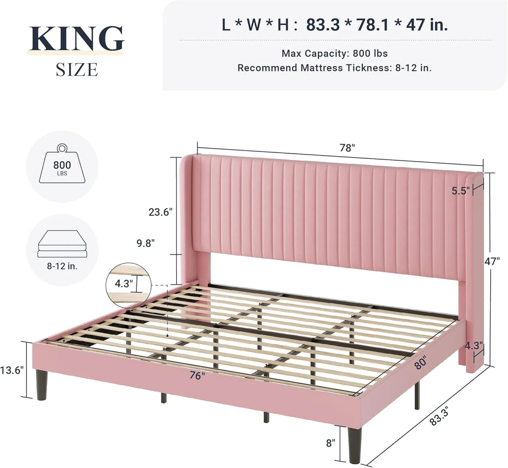 Allewie Full Size Velvet Bed Frame Vertical Channel Tufted Wingback Headboard Upholstered Bed