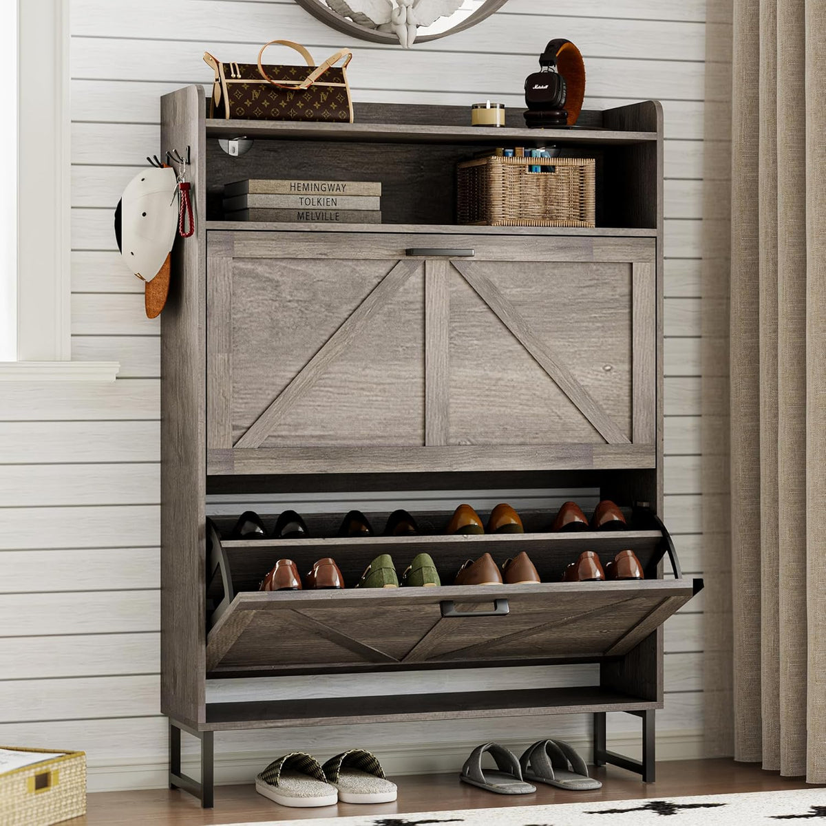 Shoe cabinet with 2 flip-top drawers Narrow shoe storage cabinet