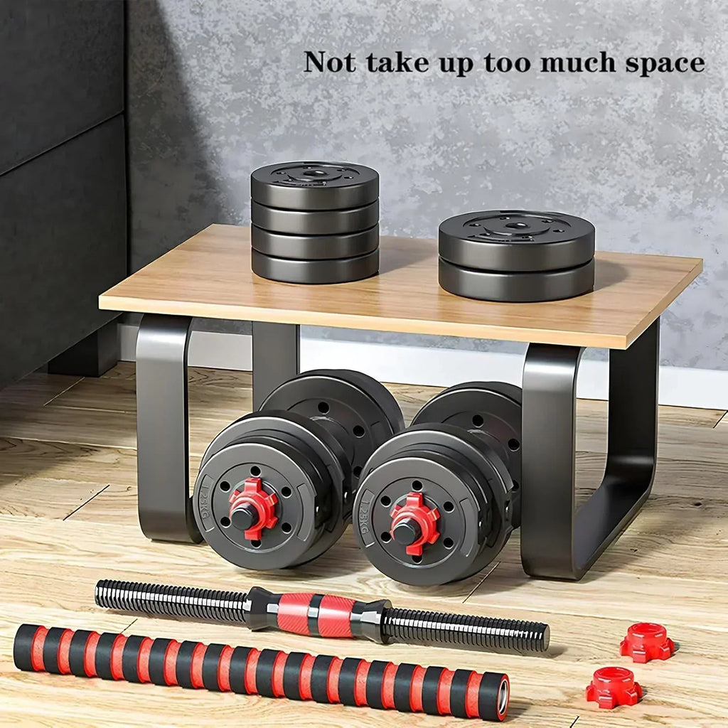 Adjustable dumbbell set, free weight dumbbell pair convertible into barbell