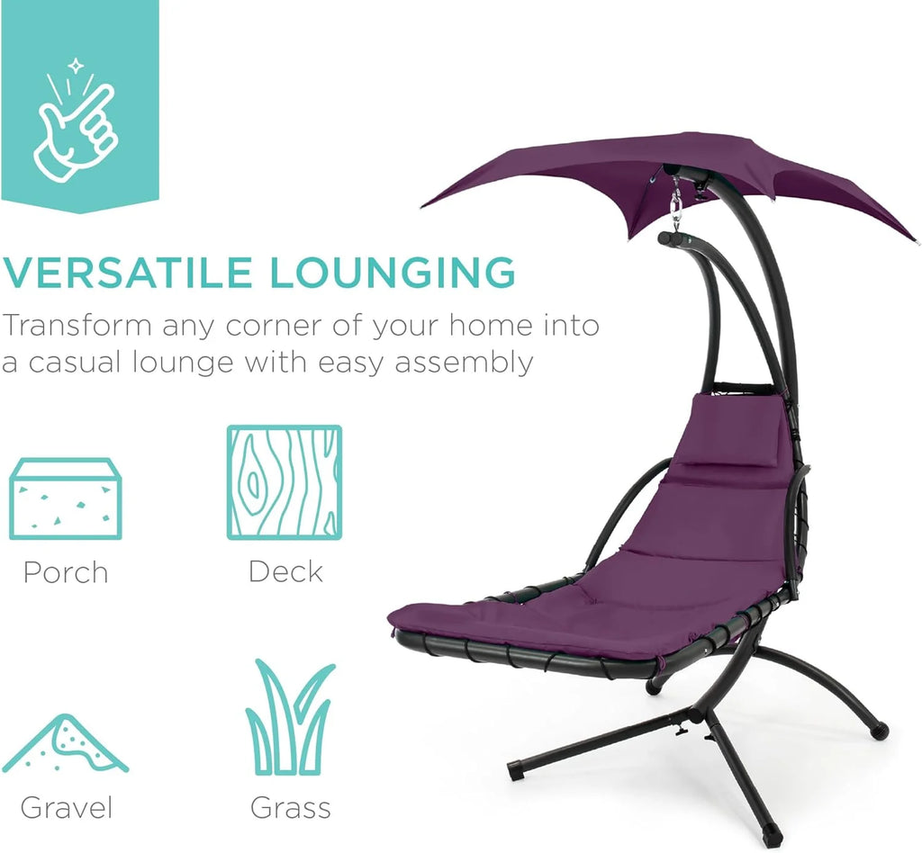 Best Choice Products Outdoor Hanging Curved Steel Chaise Lounge Chair Swing w/Built-in Pillow and Removable Canopy - Teal