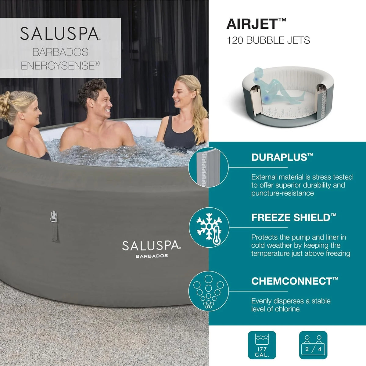 Bestway SaluSpa Miami EnergySense AirJet Inflatable Hot Tub Spa (71 x 26) | Portable Hot Tub with 2 Covers (1 Energy-Efficient Thermal Cover and 1 Standard Cover) | Fits Up to 2-4 Persons | Black