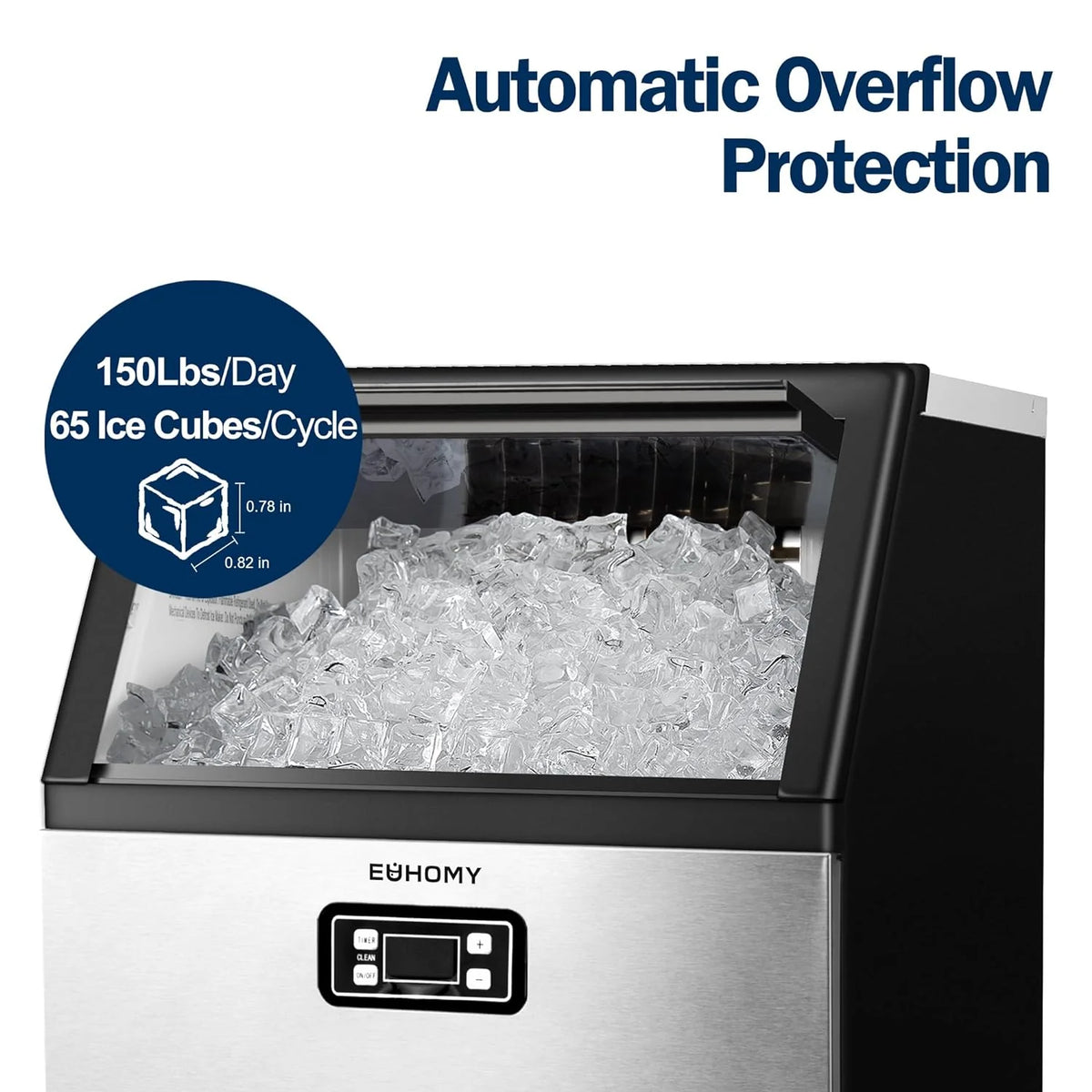 EUHOMY Commercial Ice Maker Machine, 100lbs/24H Stainless Steel Under Counter ice Machine with 33lbs Ice Storage Capacity, Freestanding Ice Maker.