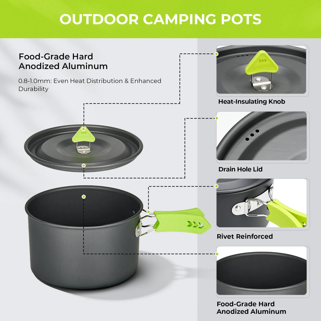 4 Piece Lightweight Aluminum Camping Cookware Set with Kettle for 2 to 4 People
