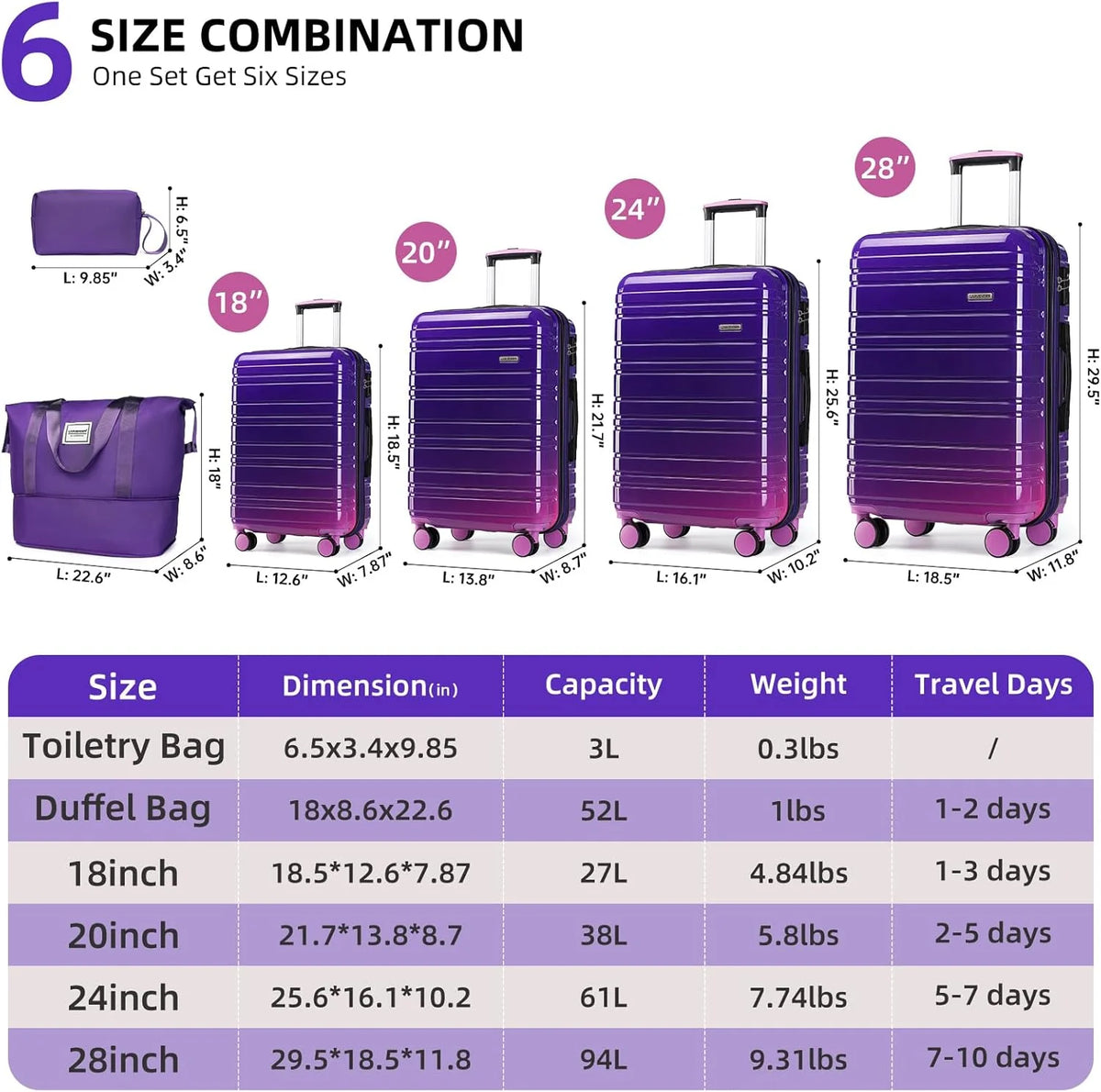6-piece luggage set, expandable hardshell suitcase set with spinner wheels, lightweight rolling luggage set